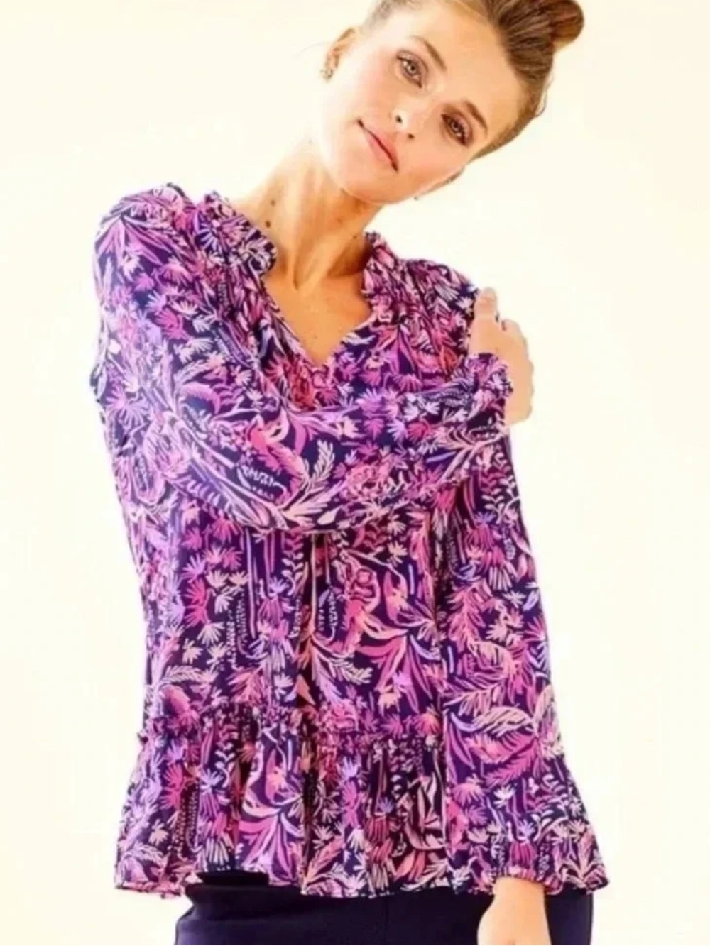 Lilly Pulitzer Savanna Top Chiffon Blouse Women’s XL Bright Navy Swing of Things
